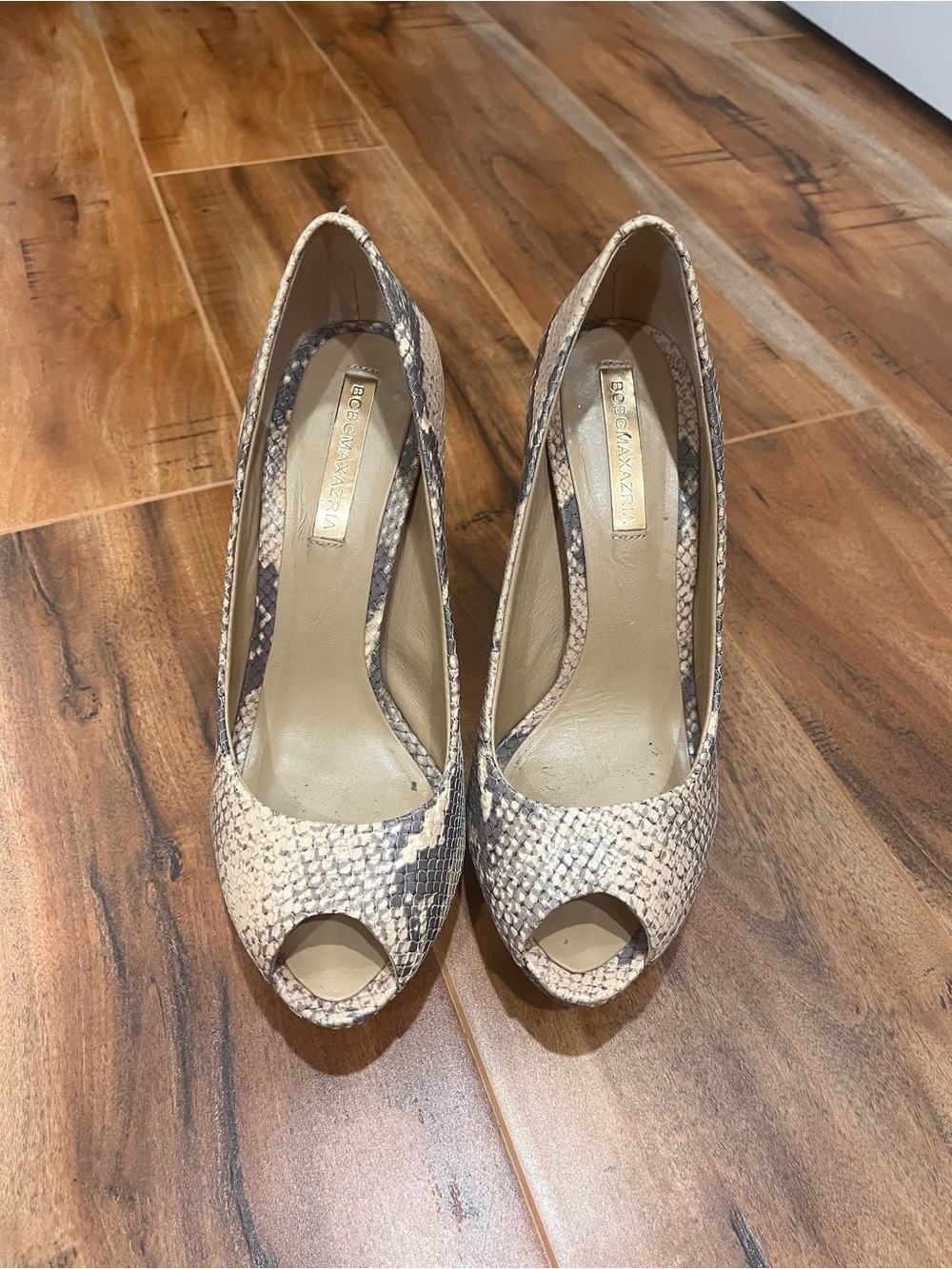 BCBGMaxAzria Neutral Snake-Print Peep-Toe Heels
